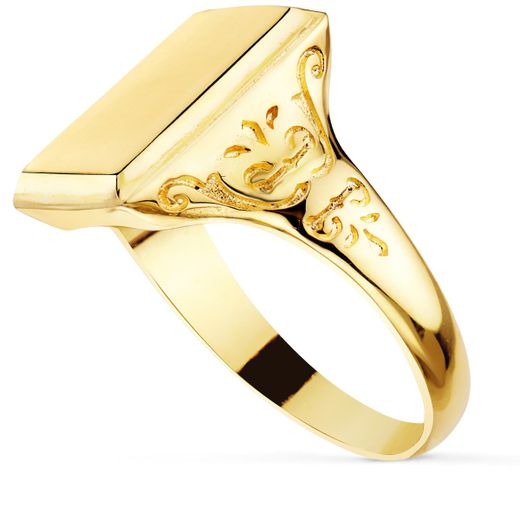 18K Sello Oro Amarillo Con Tallados Laterales Cabeza Rectangular 13X10 Mm
