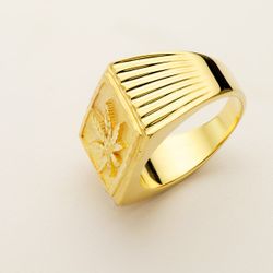 18K Sello Oro Amarillo Hoja De Marihuana Cabeza Rectangular 25X17 Mm