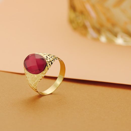 18K Sello Oro Amarillo Hueco Piedra Oval Rubi Spinel 14X10 Mm