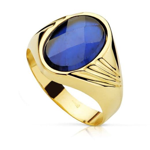 18K Sello Oro Amarillo Hueco Piedra Oval Zafiro Spinel.14X10 Mm
