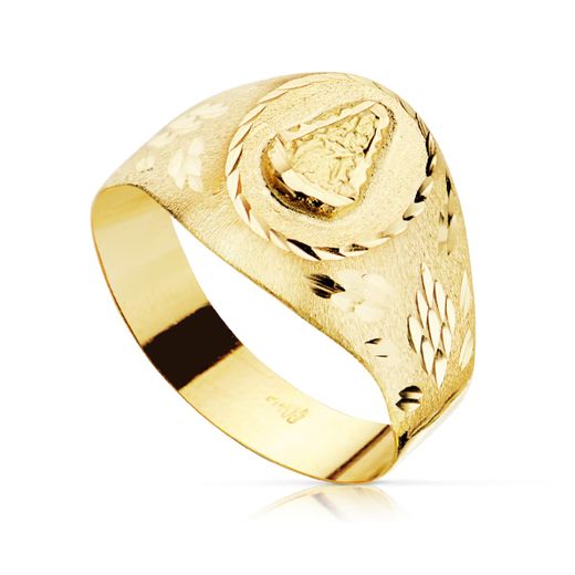18K Sello Oro Amarillo Hueco Redondo Tallado Virgen Del Rocio 10X9 Mm