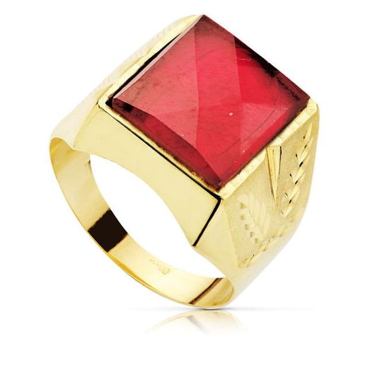 18K Sello Oro Amarillo Hueco Tallado Con Rubi Spinel 14 X 12 Mm