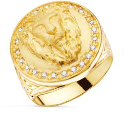 18K Sello Oro Amarillo Leon Con Circonita Lateral Greca Ancho 19 Mm