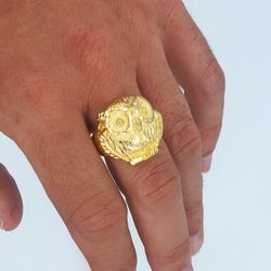 18K Sello Oro Amarillo Macizo Cabeza De Buho Tallado 22X22 Mm