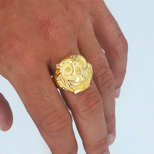 18K Sello Oro Amarillo Macizo Cabeza De Buho Tallado 22X22 Mm