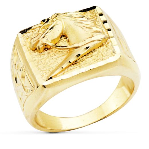 18K Sello Oro Amarillo Macizo Con Caballo Rectangular 18 X 16.5 Mm