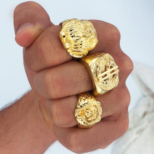 18K Sello Oro Amarillo Macizo Dolar Con Circonita Ancho 22X20 Mm