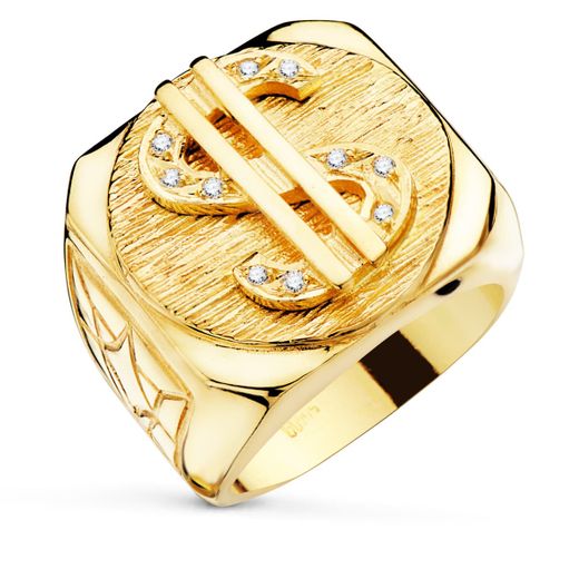 18K Sello Oro Amarillo Macizo Dolar Con Circonita Ancho 22X20 Mm