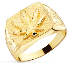 18K Sello Oro Amarillo Macizo Rectangular Hoja Marihuana 15X14 Mm