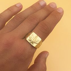 18K Sello Oro Amarillo Macizo Rectangular Hoja Marihuana 15X14 Mm