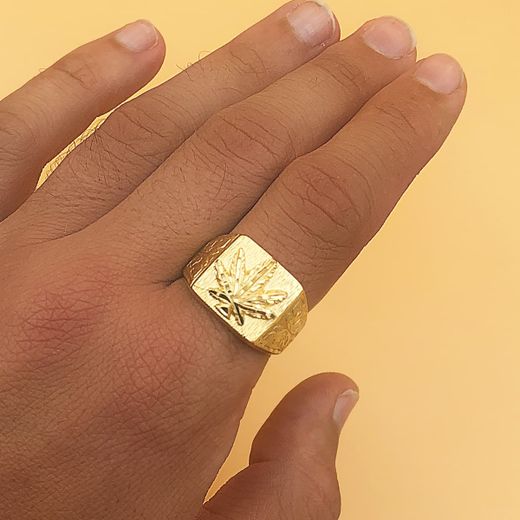 18K Sello Oro Amarillo Macizo Rectangular Hoja Marihuana 15X14 Mm