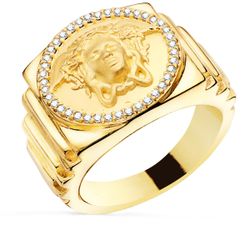 18K Sello Oro Amarillo Medusa Con Circonita Lateral Escalonado Ancho 19 Mm