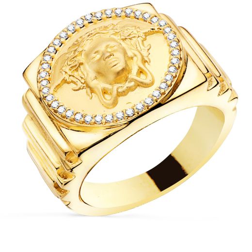 18K Sello Oro Amarillo Medusa Con Circonita Lateral Escalonado Ancho 19 Mm