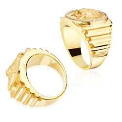 18K Sello Oro Amarillo Medusa Con Circonita Lateral Escalonado Ancho 19 Mm