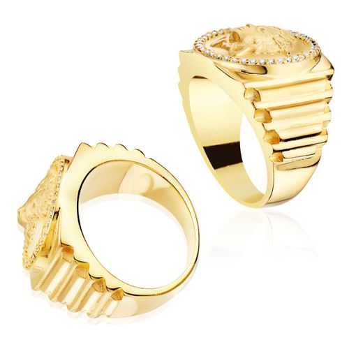 18K Sello Oro Amarillo Medusa Con Circonita Lateral Escalonado Ancho 19 Mm