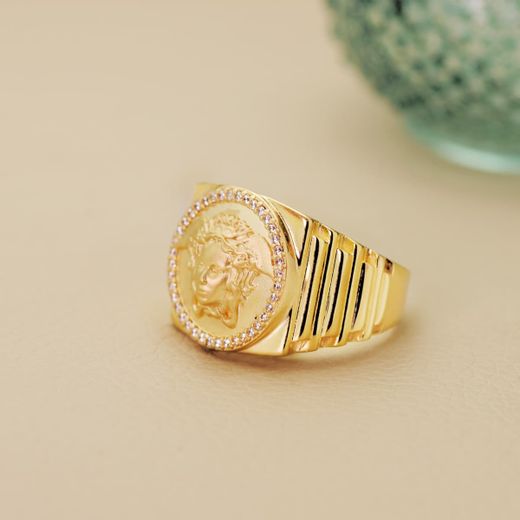 18K Sello Oro Amarillo Medusa Con Circonita Lateral Escalonado Ancho 19 Mm