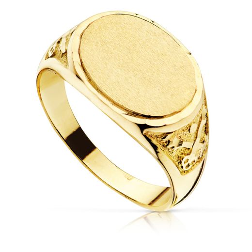 18K Sello Oro Amarillo Oval Macizo Con Tallados. Zona Grabado: 15X11 Mm
