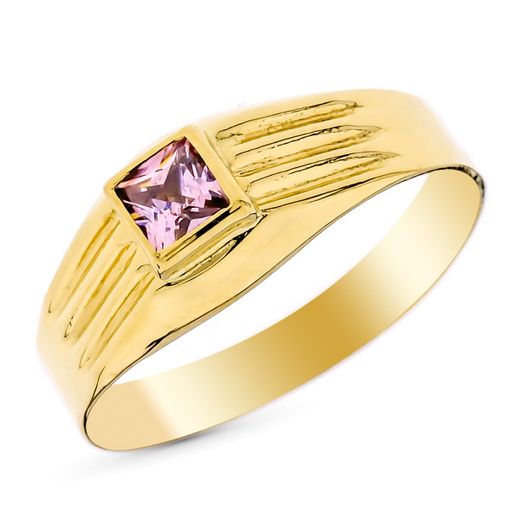 18K Sello Oro Amarillo Pequeño Piedra Rosa Cuadrada