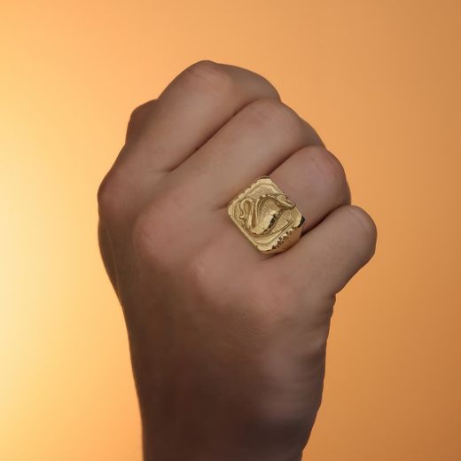 18K Sello Oro Amarillo Serpiente Cobra Lateral Tallado Ancho 20X20 Mm