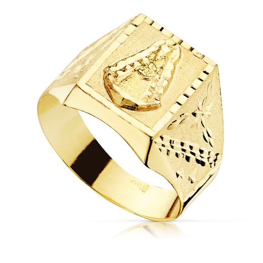 18K Sello Oro Caballero Amarillo Hueco Tallado Virgen Del Rocio 13X11 Mm
