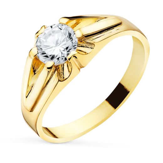18K Solitario Oro Amarillo Caballero Ancho 8 Mm Circonita 5.5 Mm Forrado