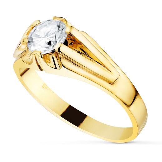 18K Solitario Oro Amarillo Caballero Ancho 8 Mm Circonita 5.5 Mm Forrado