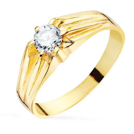 18K Solitario Oro Amarillo Caballero Circonita 5 Mm Ancho Cuerpo 6.5 Mm