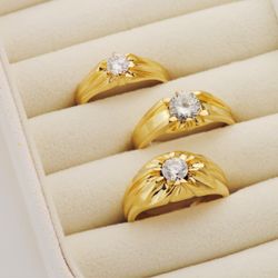 18K Solitario Oro Amarillo Caballero Circonita 5 Mm Ancho Cuerpo 6.5 Mm