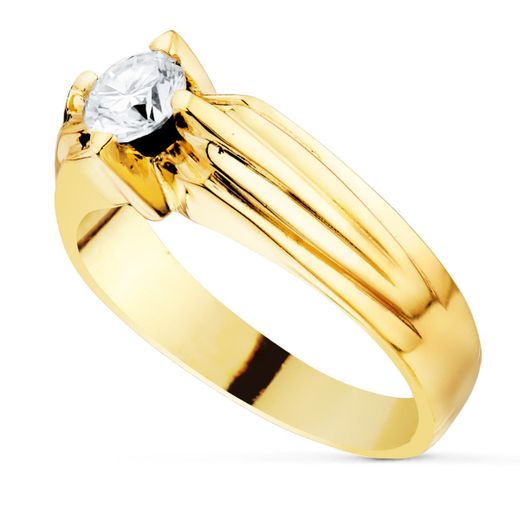 18K Solitario Oro Amarillo Caballero Circonita 5.5 Mm Ancho Cuerpo 7.5 Mm