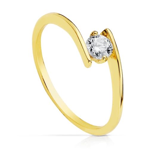 18K Solitario Oro Amarillo Cuerpo Cruzado Circonita De 4 Mm