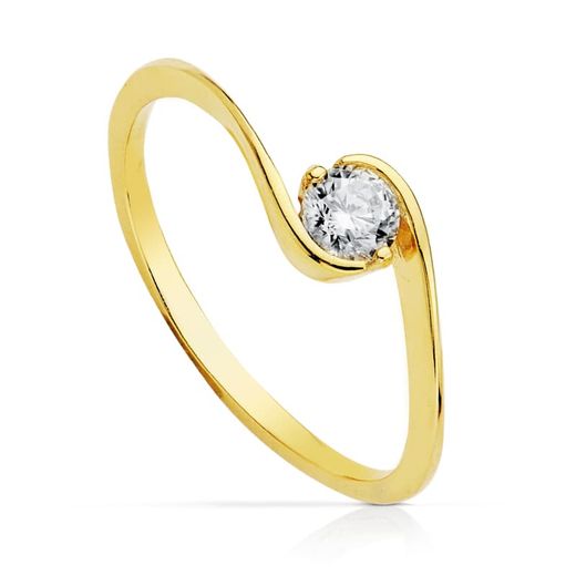 18K Solitario Oro Amarillo Cuerpo Cruzado Con Circonita 4 Mm