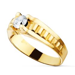 18K Solitario Oro Amarillo Estrias Caballero Circonita 5.5 Mm