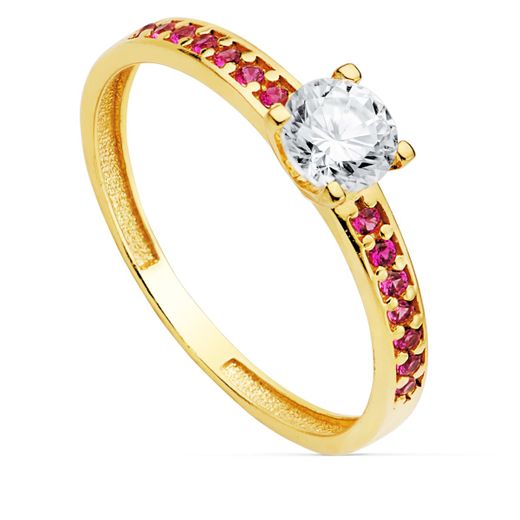 18K Solitario Oro Amarillo Garras Circonita 5 Mm Y Circonita Rojas