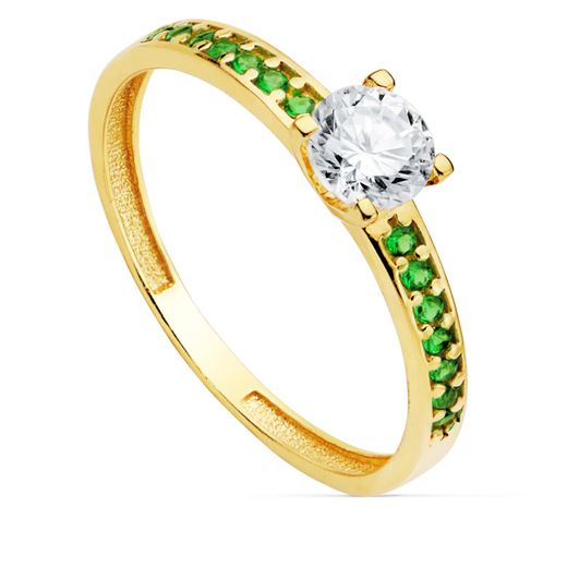 18K Solitario Oro Amarillo Garras Circonita 5 Mm Y Circonita Verdes