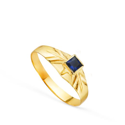18K Solitario Oro Amarillo Pequeño Bebe O Meñique Circonita Azul Cuadrada 3X3Mm