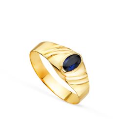 18K Solitario Oro Amarillo Pequeño Bebe O Meñique Circonita Azul Oval 5X3Mm
