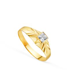 18K Solitario Oro Amarillo Pequeño Bebe O Meñique Circonita Blanca Cuadrada 3X3Mm