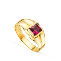 18K Solitario Oro Amarillo Pequeño Bebe O Meñique Circonita Roja Cuadrada 3.5Mm
