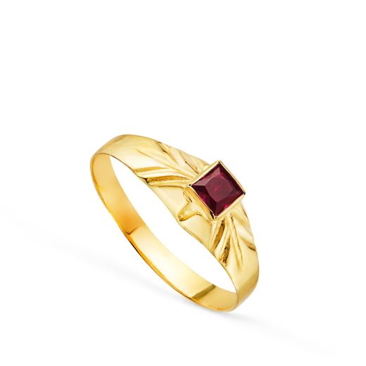 18K Solitario Oro Amarillo Pequeño Bebe O Meñique Circonita Roja Cuadrada 3Mm