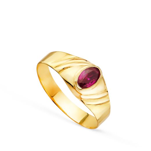 18K Solitario Oro Amarillo Pequeño Bebe O Meñique Circonita Roja Oval 5X3Mm