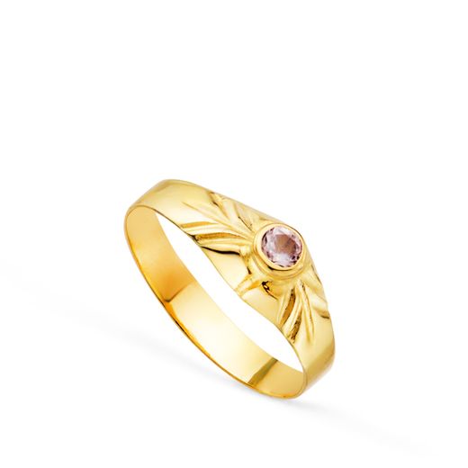 18K Solitario Oro Amarillo Pequeño Bebe O Meñique Circonita Rosa Redonda 2,5Mm