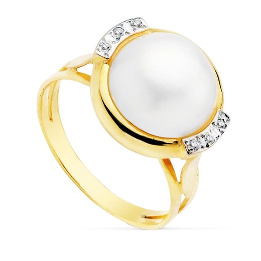 18K Sortija Bicolor Perla Japonesa Con Circonita 12 Mm