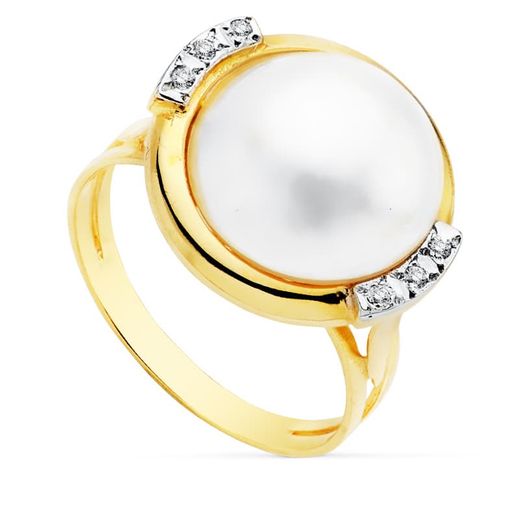 18K Sortija Bicolor Perla Japonesa Con Circonita 14 Mm