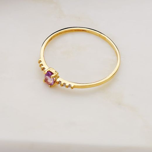 18K Sortija Diamante Oro Amarillo 0.030 Qt Oval Amatista Natural 4 X 3 Mm Cuerpo 1.30 Mm