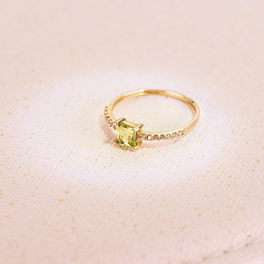 18K Sortija Oro Amarillo 14 Diamante 0.070 Qts. G-Vs2. Olivina 4X4 Mm Cuerpo 1 Mm