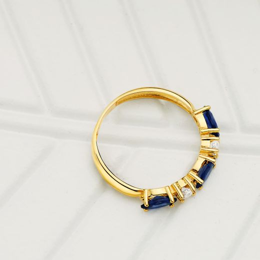 18K Sortija Oro Amarillo 3 Circonita Azules Talla Marquise Ancho 3 Mm