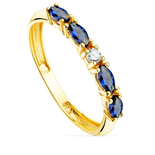 18K Sortija Oro Amarillo 4 Circonita Azules Talla Marquise Ancho 2 Mm
