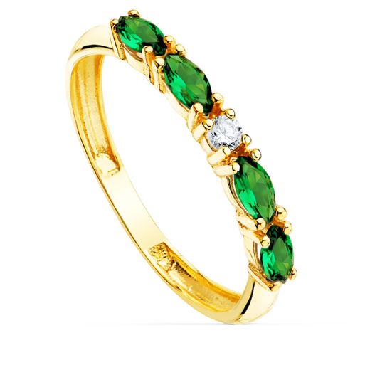 18K Sortija Oro Amarillo 4 Circonita Verdes Talla Marquise Ancho 2 Mm