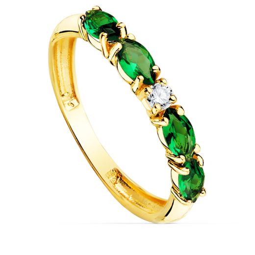 18K Sortija Oro Amarillo 4 Circonita Verdes Talla Marquise Ancho 2.5 Mm