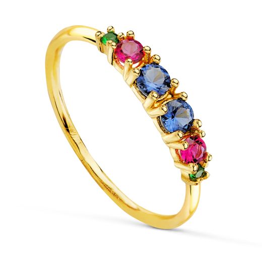 18K Sortija Oro Amarillo 6 Circonita Colores En Garras. Ancho Cuerpo: 1,5Mm